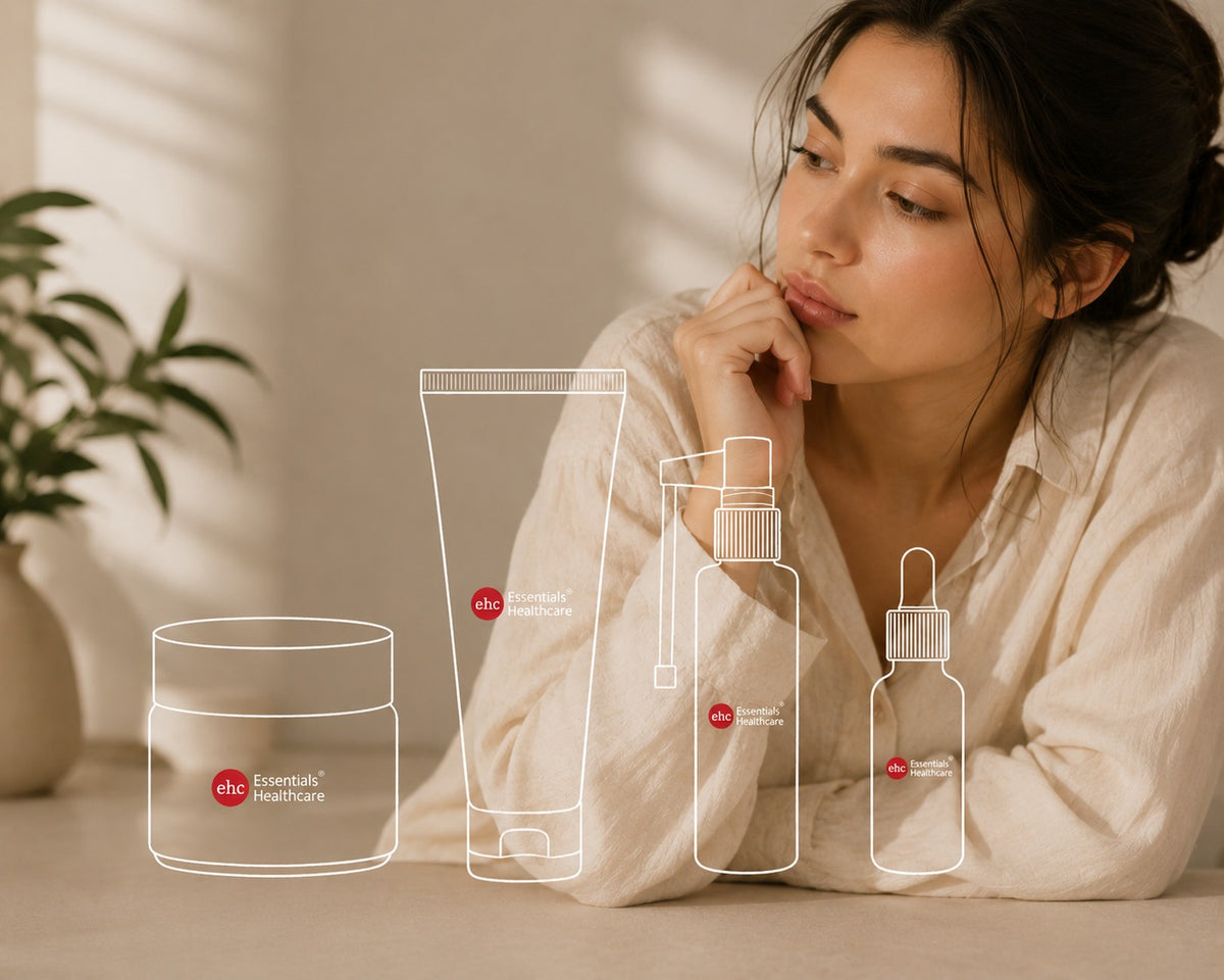A woman in a cream shirt sits in a softly lit room with window shadows, while several white outline product silhouettes and small red 'abc' logos appear in front of her, suggesting EHC skincare packaging or a digital promotional composite.