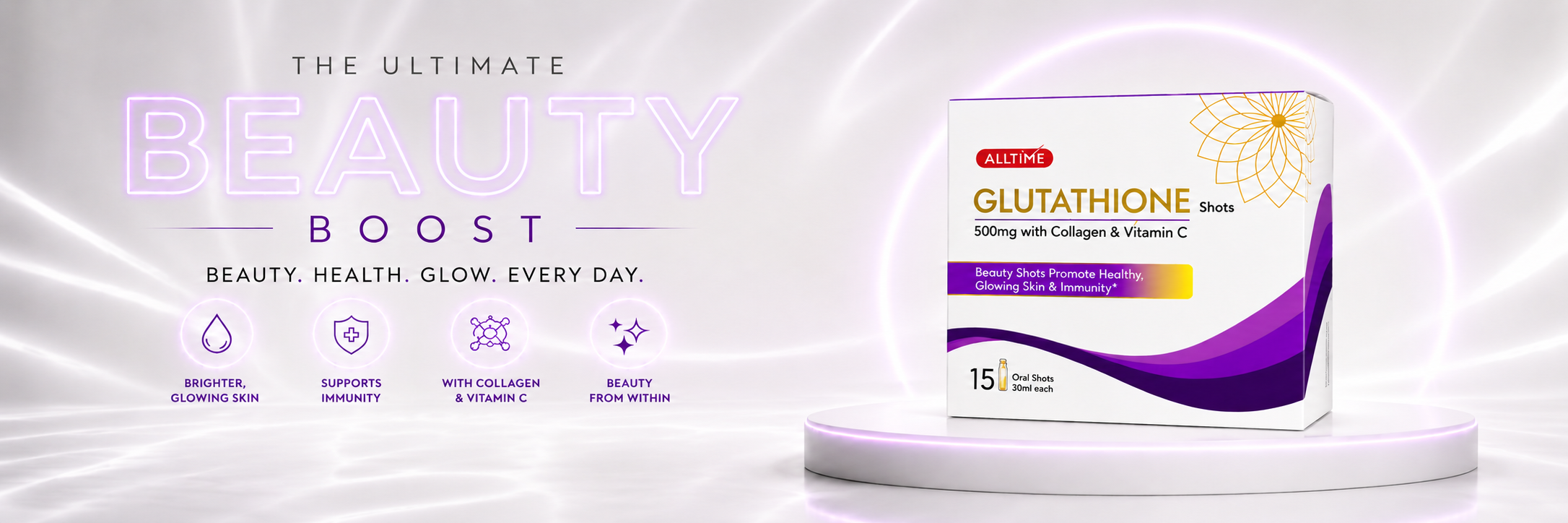 A product advertisement for 'Ultimate Beauty Boost' featuring a box of 'Glutathione' supplements on a white pedestal. The ad includes marketing text, icons for skin, hair, and eye benefits, and a purple and white graphic design on a white background with soft light effects.