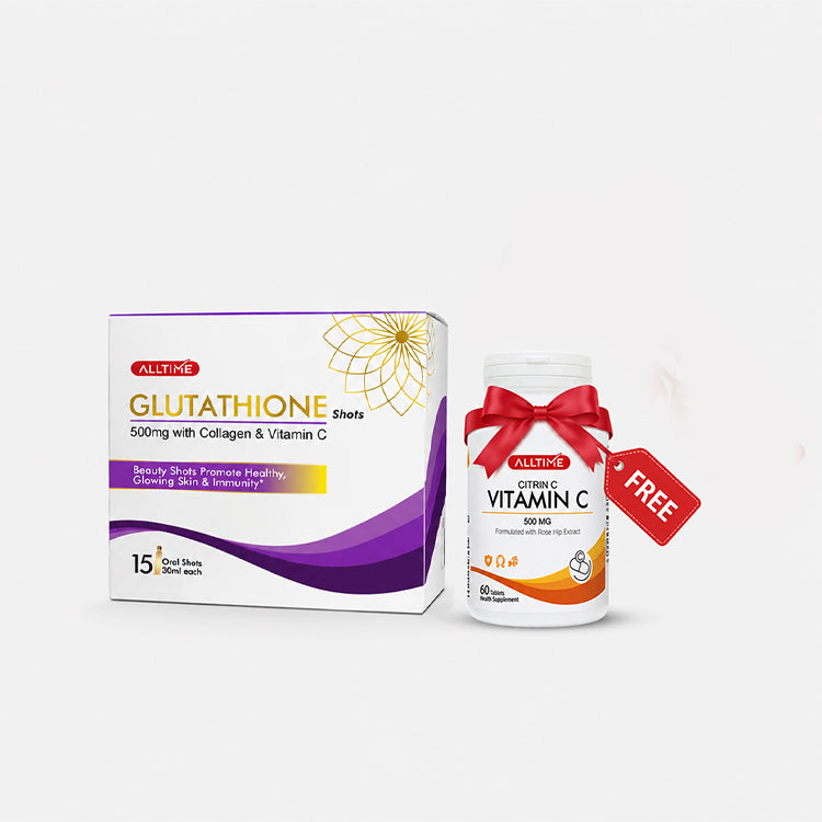 ALLTIME Glutathione Shaps supplement set featuring a white and purple box next to a white bottle with a red ribbon and a red &