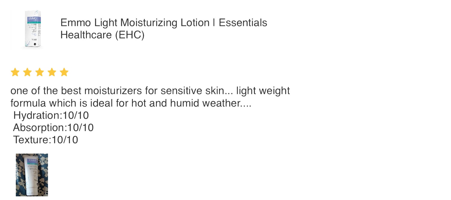A product review card for Emmo Light Moisturizing Lotion I Essentials Healthcare (EHC), featuring a small product thumbnail, a five-star rating, and a text review on a white background.