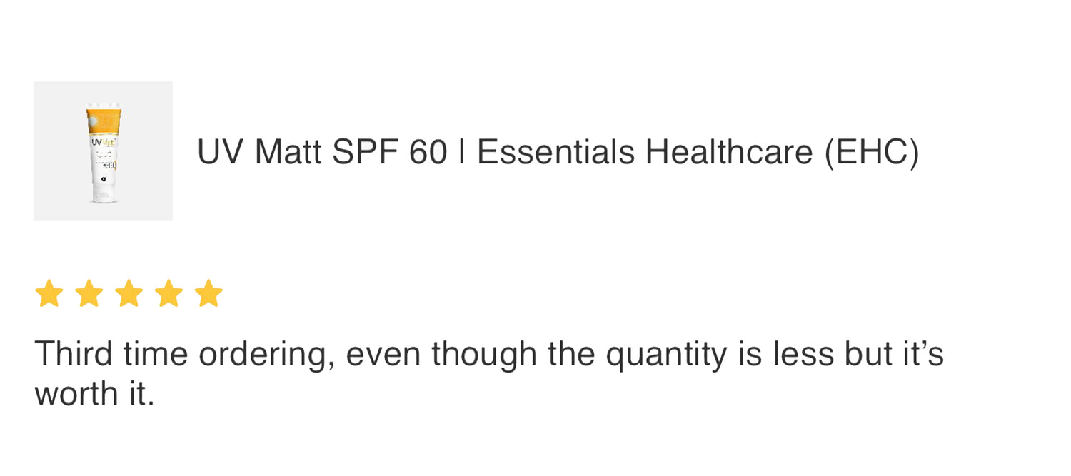 A customer review for UV Matt SPF 60 from Essentials Healthcare (EHC) on a white background, featuring a small product thumbnail, a five-star rating, and a text comment about ordering.