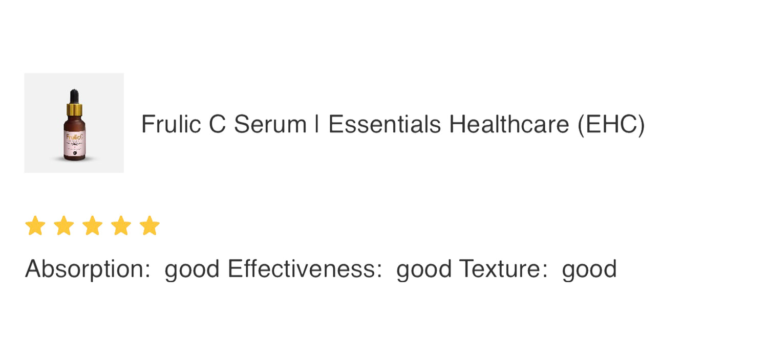 A product information card for Frulic C Serum by Essentials Healthcare (EHC), showing a small dropper bottle, a five-star rating, and text noting good absorption, effectiveness, and texture on a white background.